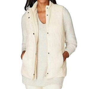 J.Jill Barley Ivory Quilted Velvety Velour Zip & Button Puffer Vest
